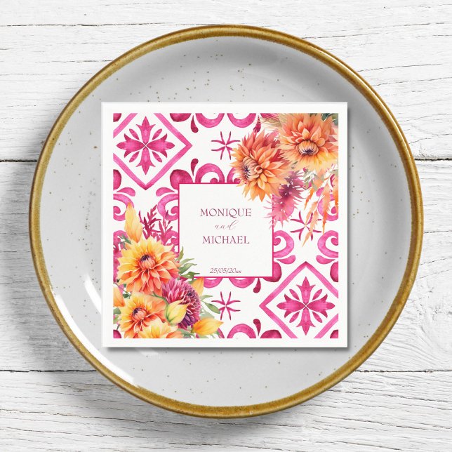 Guardanapo De Papel Fuchsia Majolica azulejo dahlia laranja modelo (Fuchsia pink Majolica tiles orange dahlia template Napkins personalized wedding tableware decor)