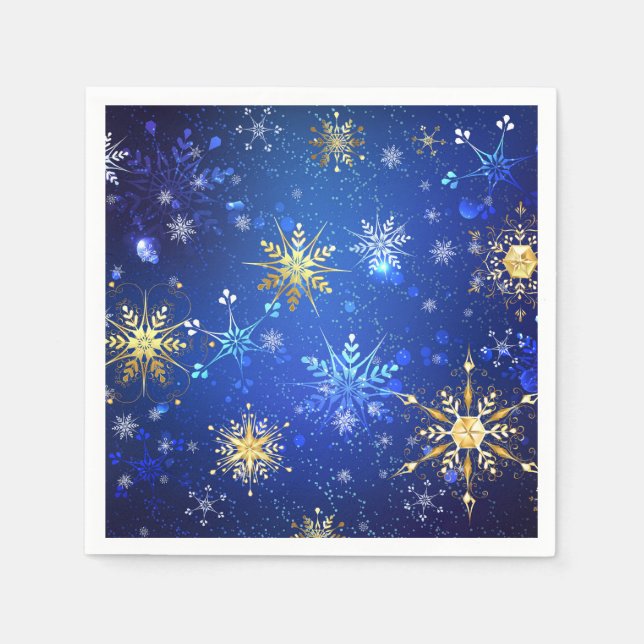 Guardanapo De Papel Fundo Azul XMAS com Flocos de Neve Ouro (Frente)