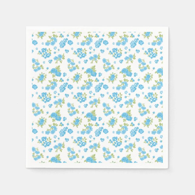 Guardanapo De Papel fundo branco com flores azuis e borra verde (Frente)