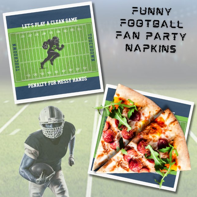 Guardanapo De Papel Funny Football Tailgate Game Day Party Napkins (Navy and green football field napkins featuring funny 'Penalty For Messy Hands' text)