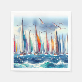 Guardanapo De Papel Gaivotas Voando Alto Com uma Regata de Barcos à Ve