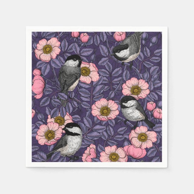 Guardanapo De Papel Galinhas na rosa selvagem de rosa e violeta (Frente)