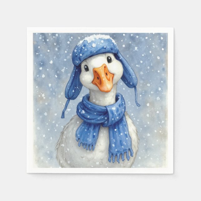 Guardanapo De Papel Ganso Branco de Natal com Cachecol Azul (Frente)
