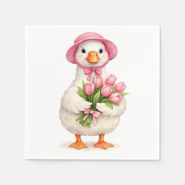 Guardanapo De Papel Ganso Branco Segurando Buquê de Tulipas Rosa (Frente)