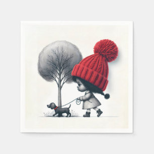 Guardanapo De Papel Garota Afro-Americana Andando Seu Cão