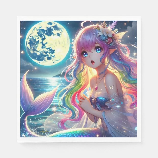 Guardanapo De Papel Garota Anime Cantando Luar Pixie Mermaid Arco-íris (Frente)