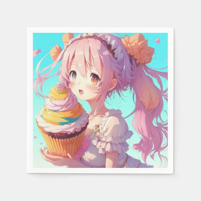 Guardanapo De Papel Garota anime com aniversário de Cupcake (Frente)