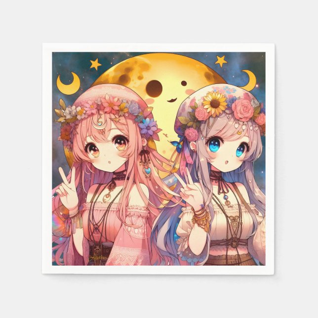 Guardanapo De Papel Garota Anime Hippie Lua Garotas Dando Sinal de Paz (Frente)