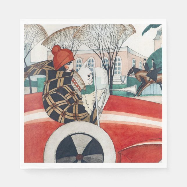 Guardanapo De Papel Garota e Cachorro num Automóvel Vermelho (Frente)