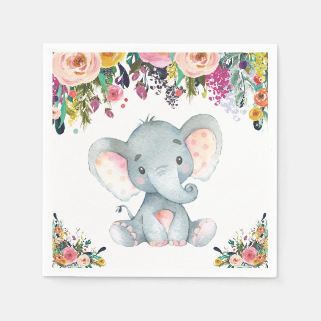 Guardanapo De Papel Garota Floral Chá de fraldas Elefante Rosa Napkins (Frente)