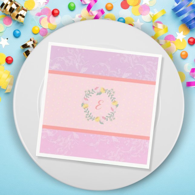 Guardanapo De Papel Garota Pastel Rosa e Lavanda Floral Monograma Kid (Criador carregado)
