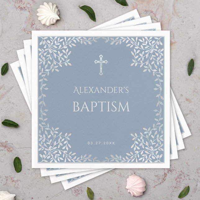Guardanapo De Papel Garoto Baptism Dusty Blue Faux Silver deixa Elegan (Criador carregado)