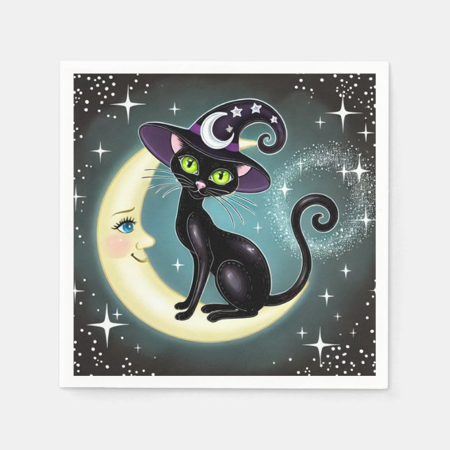 Guardanapo De Papel Gata Bruxa na Lua Crescente Halloween Wiccan Wicca (Frente)