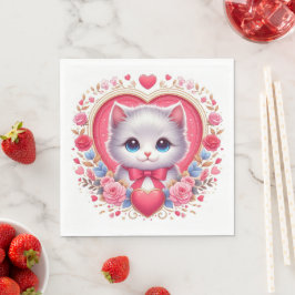 Guardanapo De Papel Gatinho com Arco Vermelho com Corações Românticos