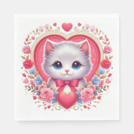 Guardanapo De Papel Gatinho com Arco Vermelho com Corações Românticos