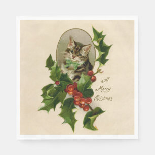 Guardanapo De Papel Gatinho de Natal Vitoriano em Tabby Antigo com Aze