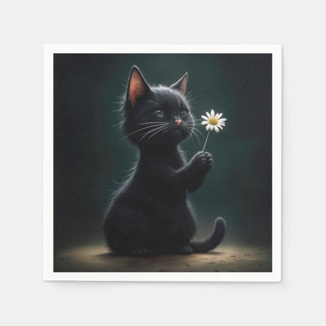 Guardanapo De Papel Gatinho Negro com margarida branca (Frente)