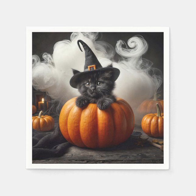 Guardanapo De Papel Gatinho Preto De Halloween Em Pumpkin (Frente)