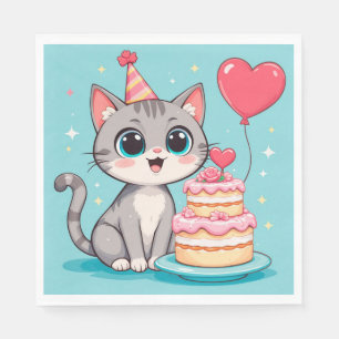 Guardanapo De Papel Gato Adorável Celebrando Aniversário com Bolo