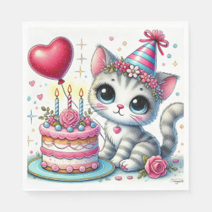 Guardanapo De Papel Gato Adorável Comemora Aniversário com Bolo
