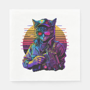 Guardanapo De Papel Gato Armado na Cidade Noturna do Cyberpunk Game