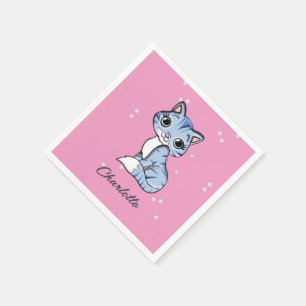 Guardanapo De Papel Gato azul bonito com nome personalizado rosa