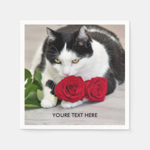 Guardanapo De Papel Gato bonito com a rosa vermelha