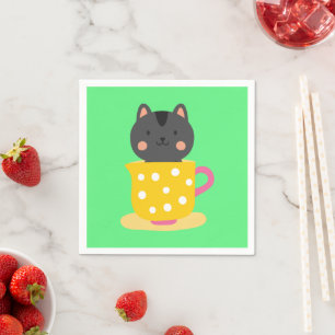 Guardanapo De Papel Gato bonito na caricatura do teacup na menta