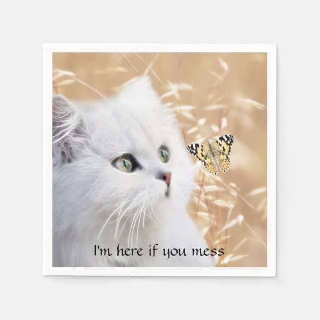 Guardanapo De Papel Gato branco e borboleta (Frente)