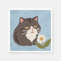 Guardanapo De Papel Gato Cinza Fofo e Encantador com uma Flor de Camom