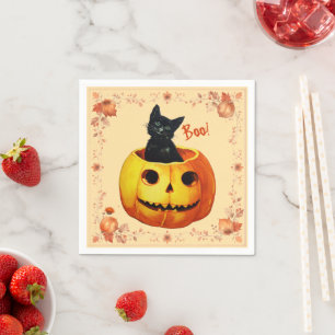 Guardanapo De Papel Gato de Halloween no Travesseiro de Abóbora