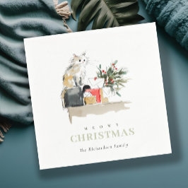 Guardanapo De Papel Gato De Presente De Natal Com Cor De Água Moderna 