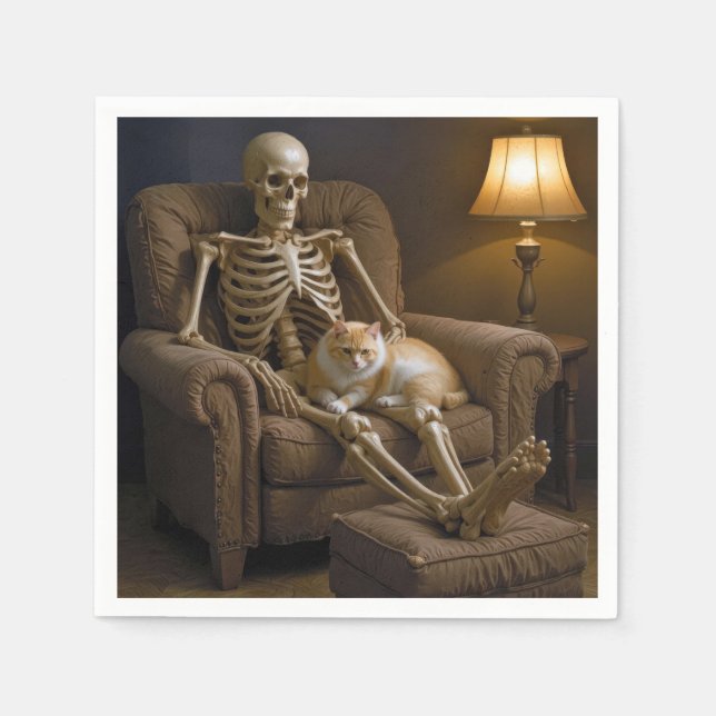 Guardanapo De Papel Gato Em um Esqueleto de Halloween (Frente)