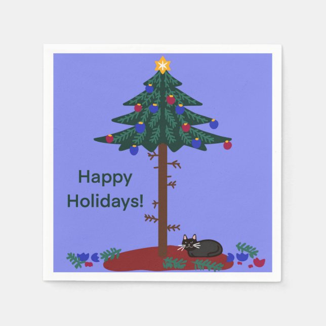 Guardanapo De Papel Gato engraçado com árvore de Natal (Frente)