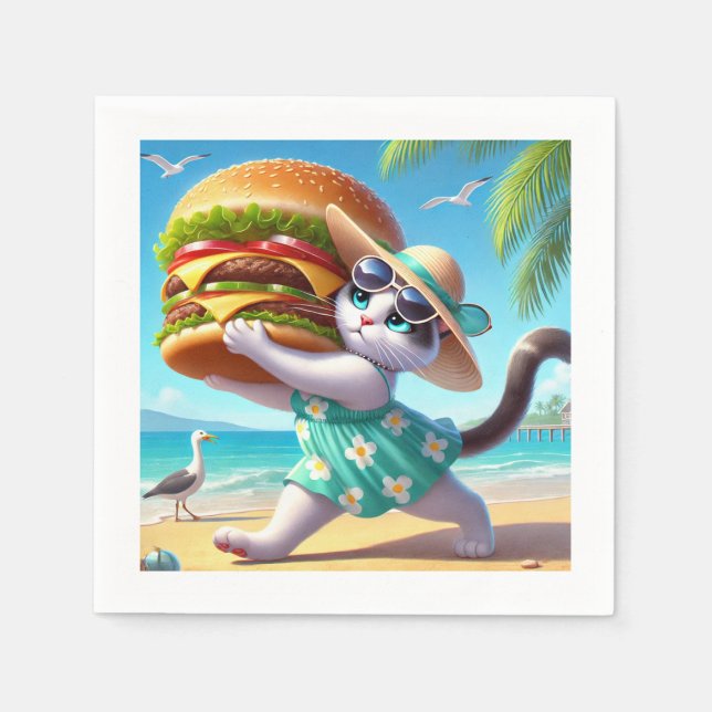 Guardanapo De Papel Gato está comendo Hamburger (Frente)