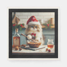 Gato fofo assando pudim de Natal alcoólico
