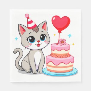 Guardanapo De Papel Gato Fofo Celebrando um Aniversário com um Bolo