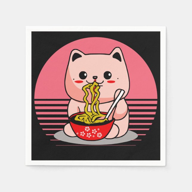 Guardanapo De Papel Gato Kawaii bonito comendo rêmen (Frente)