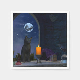 Guardanapo De Papel Gato Negro Bonito Olhando para uma Vela