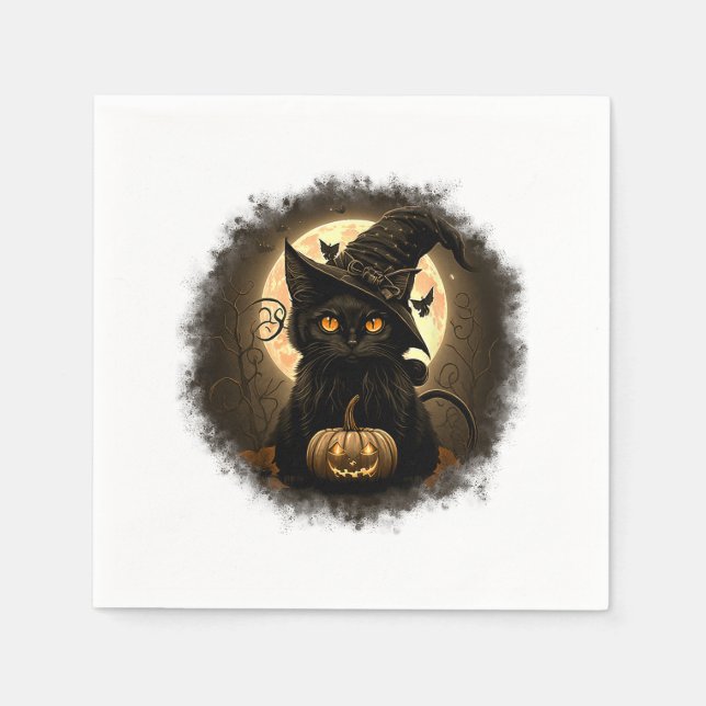 Guardanapo De Papel Gato Negro Bruxinho Abóbora Lua Estranho (Frente)