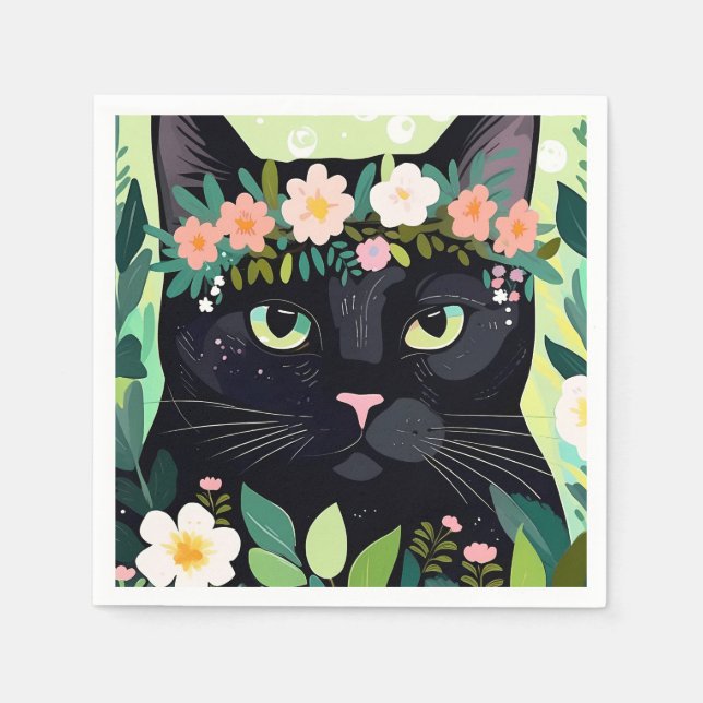 Guardanapo De Papel Gato negro com uma coroa floral (Frente)