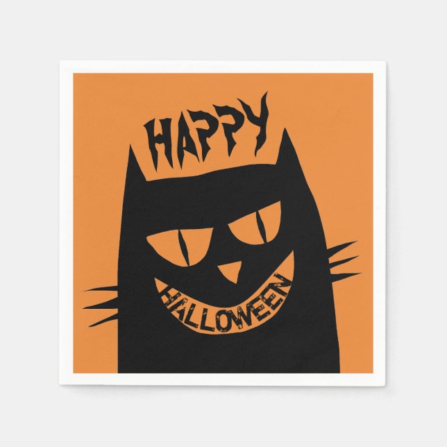 Guardanapo De Papel Gato Negro de Halloween assustador em laranja (Frente)