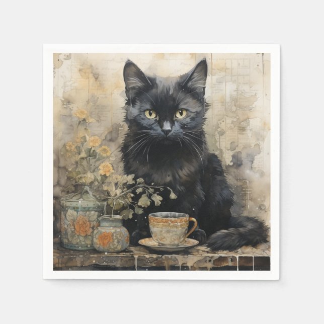 Guardanapo De Papel Gato Negro Elegante (Frente)