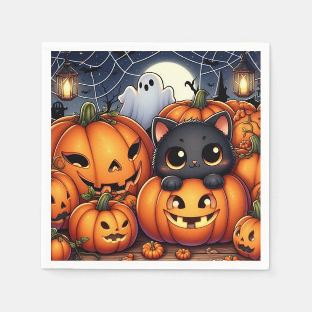 Guardanapo De Papel Gato Negro, Jack-O-Lanterna e Pumpkins Halloween (Frente)