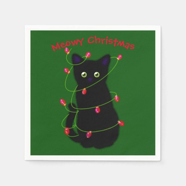 Guardanapo De Papel Gato negro | Meowy Christmas | Luzes cintilantes (Frente)