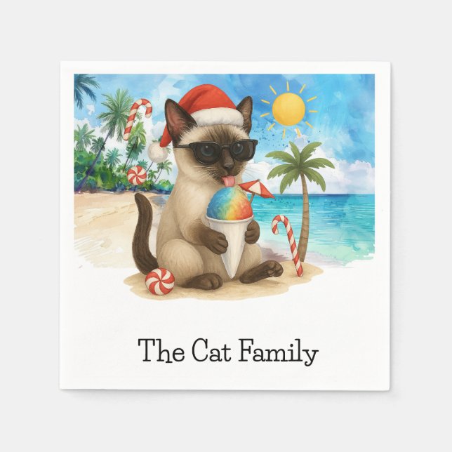 Guardanapo De Papel Gato para o Natal em julho na Praia temia Santa Ha (Frente)