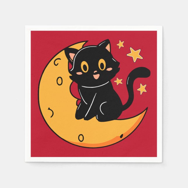 Guardanapo De Papel Gato preto bonito sentado na lua (Frente)