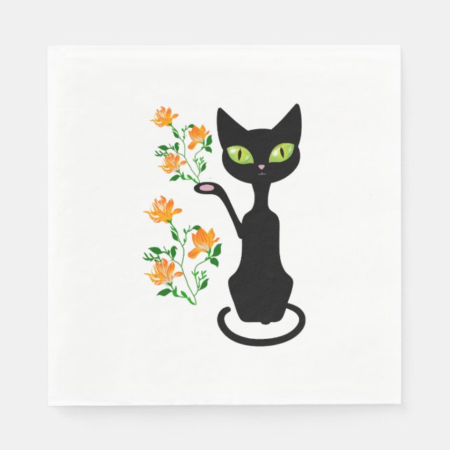 Guardanapo De Papel gato preto com flor (Frente)