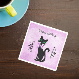 Guardanapo De Papel Gato Preto Elegante do Meio do Século com Laço Cor