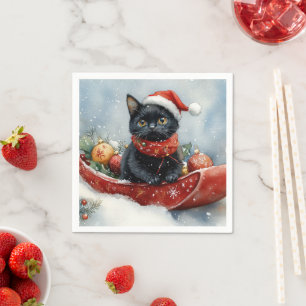 Guardanapo De Papel Gato Preto em Trenó Deixe Nevar Natal